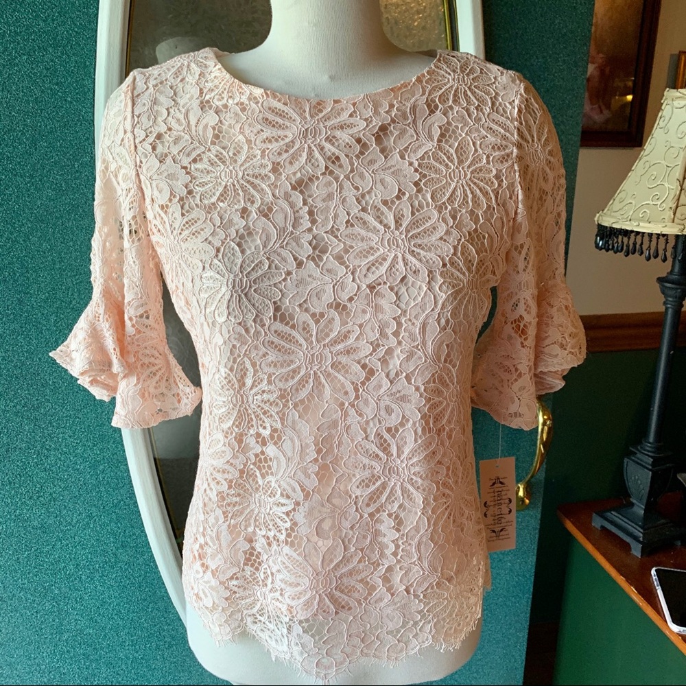 NWT Nanette Lepore Blush Pink Lace Overlay Blouse